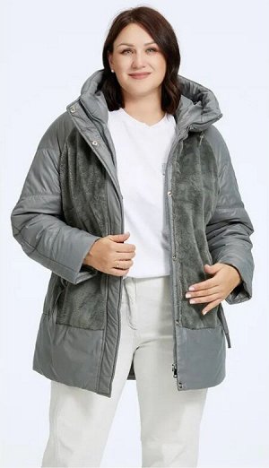 Женская зимняя куртка с капюшоном и модной отделкой из стриженного меха, цвет серый