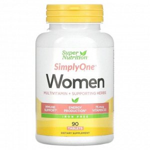Super Nutrition, SimplyOne, мультивитамины и полезные травы для женщин, без железа, 90 таблеток