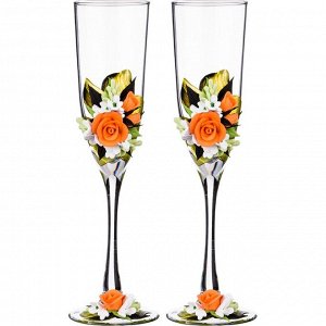 Набор свадебных бокалов из 2-х шт. 180 мл. рисунок: оранжево-белая роза