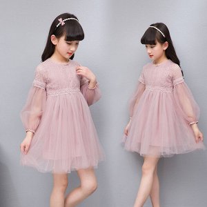 Платье с вышивкой длинными рукавами, для девочки, цвет розовый