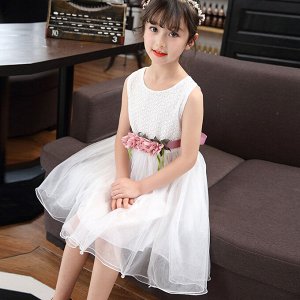 Платье для девочки, без рукавов, с поясом, цвет белый