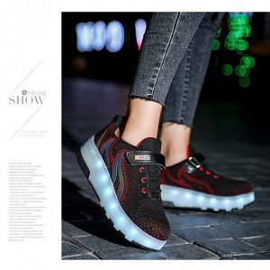 Подростковые текстильные кроссовки с роликами и подсветкой, на шнурках и липучке, цвет чёрный/красный