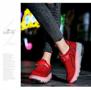 Подростковые текстильные кроссовки с роликами и подсветкой, на шнурках и липучке, цвет красный/чёрный