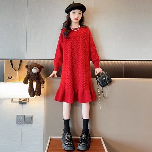 Вязанное платье для девочки, с длинными рукавами, цвет красный