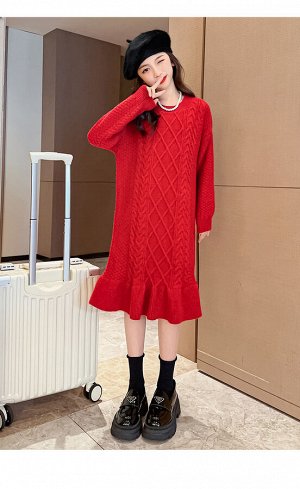 Вязанное платье для девочки, с длинными рукавами, цвет красный