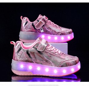 Подростковые кеды из экокожи, с сетчатыми вставками, роликами и подсветкой, на шнурках и липучке, цвет розовый