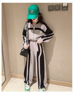 Спортивный костюм в полоску для девочки, цвет серый/чёрный