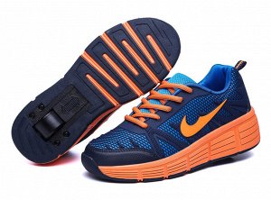 Подростковые кроссовки с роликами, на шнурках, цвет синий/оранжевый