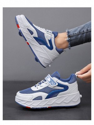 Подростковые кроссовки из экокожи, с сетчатыми вставками, роликами, на шнурках и липучке, цвет синий/белый