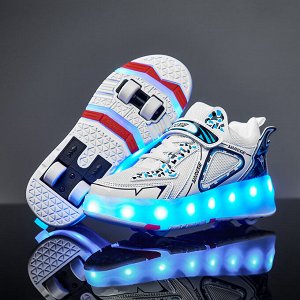 Подростковые кроссовки из экокожи, с сетчатыми вставками, с роликами и подсветкой, на шнурках и липучке, цвет белый
