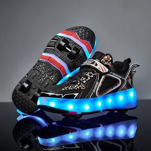 Подростковые кроссовки из экокожи, с сетчатыми вставками, с роликами и подсветкой, на шнурках и липучке, цвет чёрный