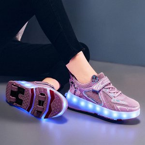 Подростковые кроссовки с роликами и подсветкой, цвет розовый, с принтом