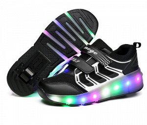 Подростковые кроссовки из экокожи, с сетчатыми вставками, роликами и подсветкой, на липучках, цвет чёрный