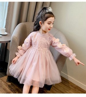 Платье для девочки с декоративной вышивкой и длинными рукавами, цвет розовый