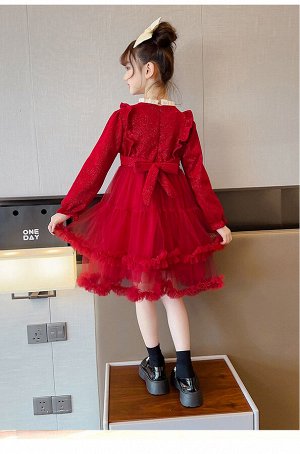 Утеплённое платье с оборками и длинными рукавами, для девочки, цвет красный