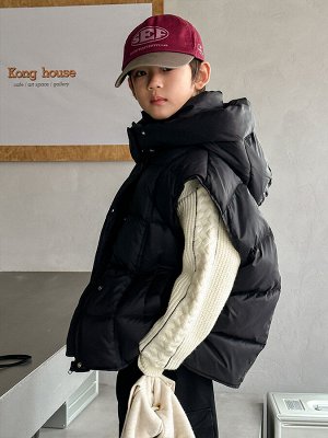 Зимний жилет-пуховик с капюшоном, на молнии и кнопках, с карманами, для мальчика, цвет чёрный