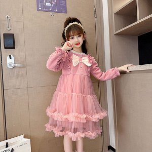 Утеплённое платье с оборками и длинными рукавами, для девочки, цвет розовый