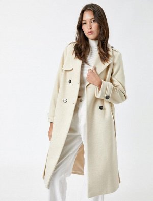 Пальто-тайник, двубортный карман на пуговицах с разрезом и поясом