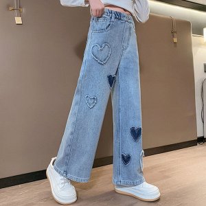 Широкие джинсы для девочки, цвет синий, принт "сердечки"