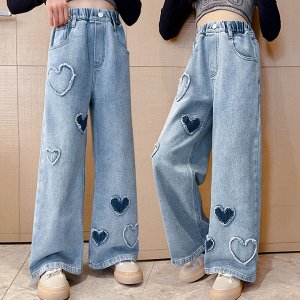 Широкие джинсы для девочки, цвет синий, принт "сердечки"