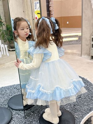 Утеплённое платье с длинными рукавами для девочки, цвет голубой/белый