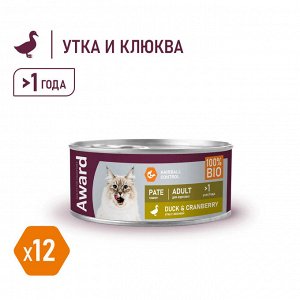 Влажный корм AWARD для взрослых кошек паштет из утки с клюквой 100г