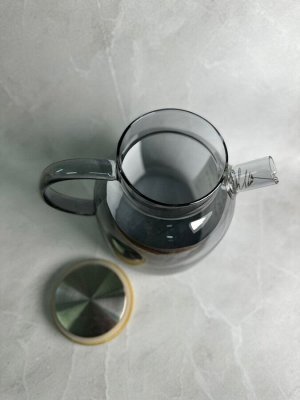 Стеклянный чайник-заварник с бамбуковой крышкой 1,5 л (серое стекло)