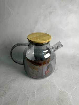 Стеклянный чайник-заварник с бамбуковой крышкой 1,5 л (серое стекло)