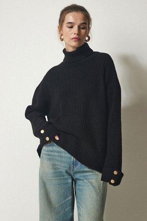 Женский черный трикотажный свитер с высоким воротником и пуговицами YY00183