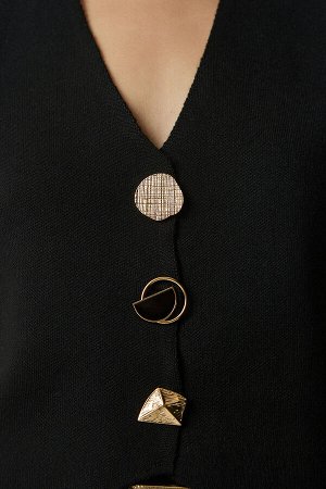 Женский черный стильный жилет из вискозного трикотажа асимметричного кроя на пуговицах WF00053