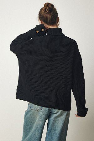 Женский черный трикотажный свитер с высоким воротником и пуговицами YY00183