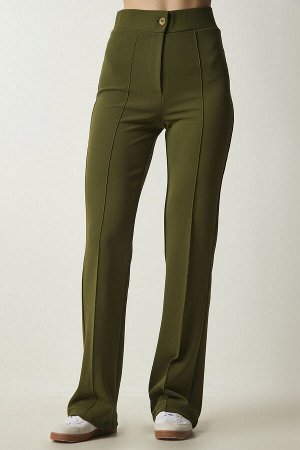 Женские удобные трикотажные брюки цвета хаки из лайкры с высокой талией RV00090