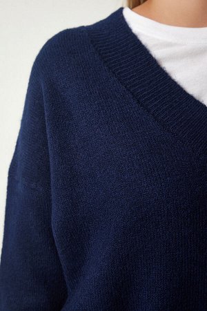 Женский темно-синий свободный вязаный свитер с v-образным вырезом BV00003