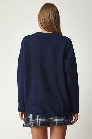 Женский темно-синий свободный вязаный свитер с v-образным вырезом BV00003