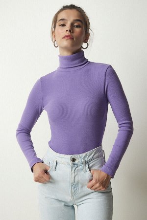 Женская вельветовая трикотажная блузка сиреневого цвета с воротником HJ00008