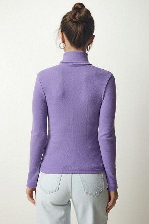 Женская вельветовая трикотажная блузка сиреневого цвета с воротником HJ00008