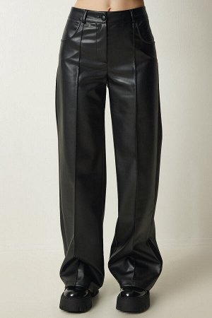 Женские черные брюки из искусственной кожи с карманами премиум-класса FN03151