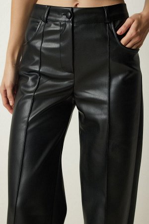 Женские черные брюки из искусственной кожи с карманами премиум-класса FN03151