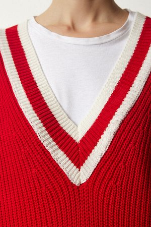 Женский красный вязаный свитер оверсайз с v-образным вырезом в полоску YY00191