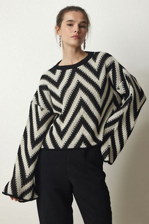Женский черный кремовый свитер из толстого трикотажа с испанскими рукавами и узором YU00006