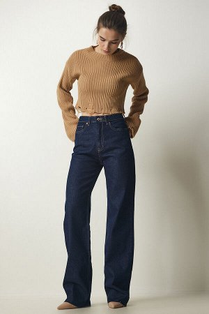 Женские прямые джинсовые брюки темно-синего цвета с высокой талией CB00016