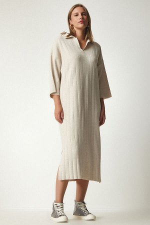 Женское кремовое трикотажное платье с воротником-поло большого размера YY00178