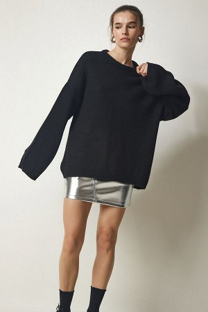 Женский черный базовый трикотажный свитер оверсайз KB00034