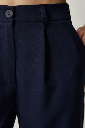 Женские темно-синие тканые брюки со складками UB00188