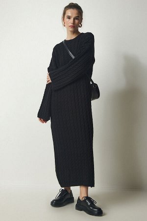 Женское черное вязаное плотное трикотажное платье большого размера с детальной отделкой YY00184