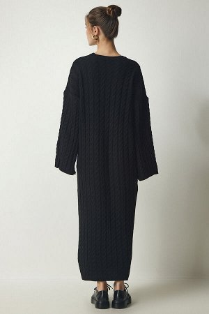 Женское черное вязаное плотное трикотажное платье большого размера с детальной отделкой YY00184