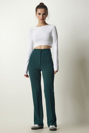 Женские удобные трикотажные брюки из лайкры с высокой талией изумрудно-зеленого цвета RV00090