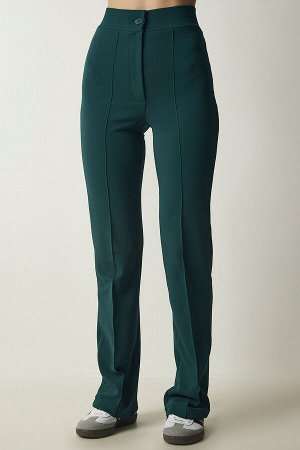 Женские удобные трикотажные брюки из лайкры с высокой талией изумрудно-зеленого цвета RV00090