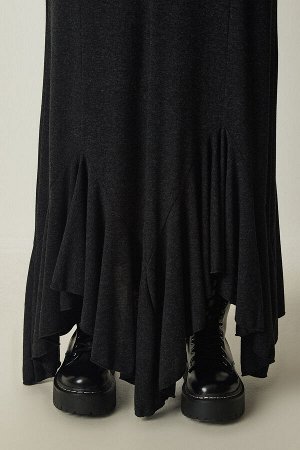 Женское темно-серое трикотажное платье премиум-класса с v-образным вырезом и рюшами FN03157