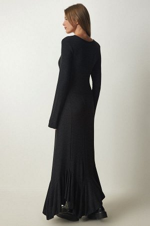 Женское темно-серое трикотажное платье премиум-класса с v-образным вырезом и рюшами FN03157